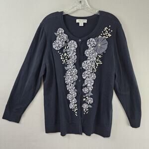 Christopher & Banks Petites Cardigan Floral Appliqué P/XL Beaded Sweater Black
